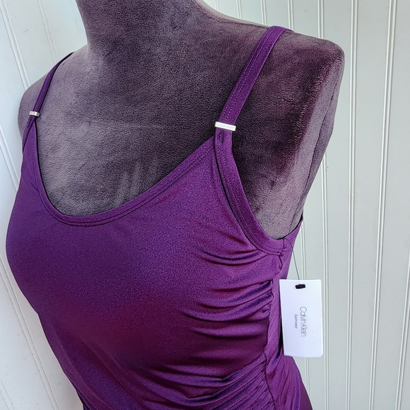 NWT $108 Calvin Klein Swimwear Starburst Shiny Purple Eggplant Swimsuit Size 12 - Picture 7 of 16